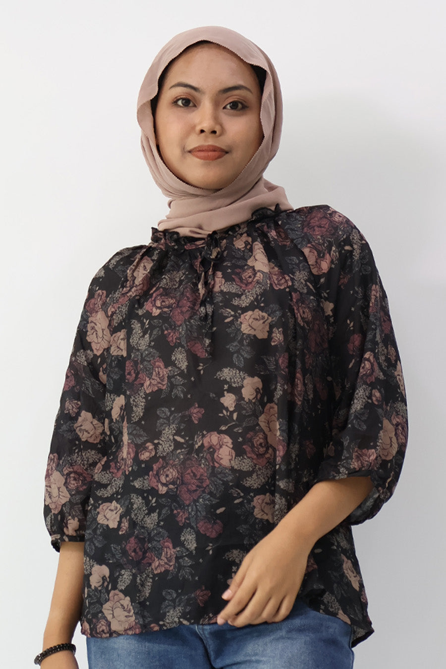 Drawstring Neckline Floral Printed Blouse