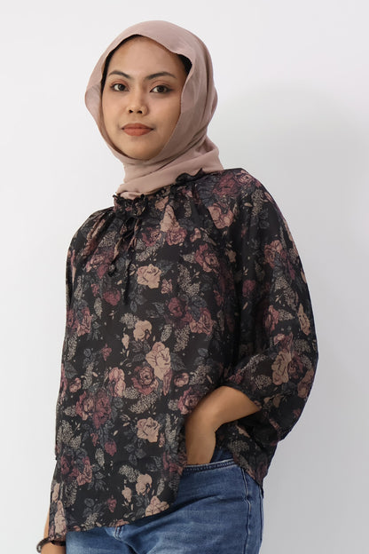 Drawstring Neckline Floral Printed Blouse