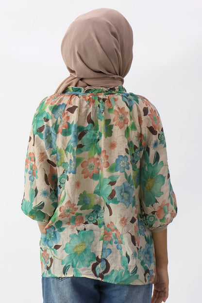 Drawstring Neckline Floral Printed Blouse