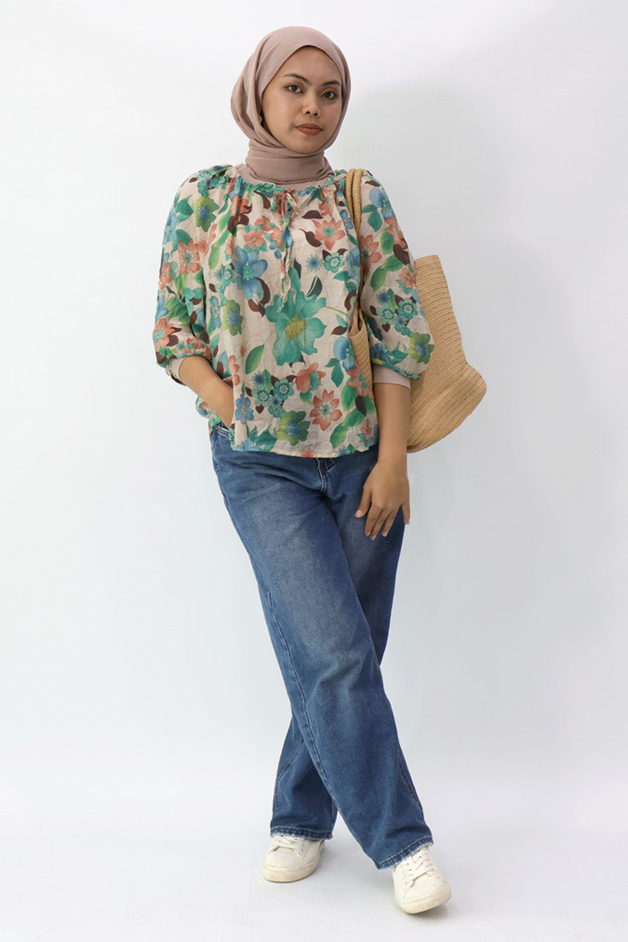 Drawstring Neckline Floral Printed Blouse