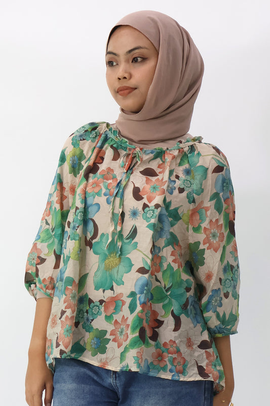 Drawstring Neckline Floral Printed Blouse