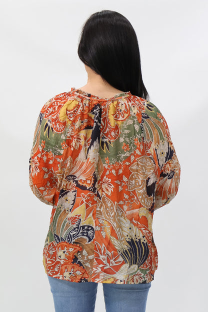 Drawstring Neckline Floral Printed Blouse